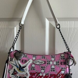 Ed Hardy Pink Skull Print Shoulder Bag with White Strap